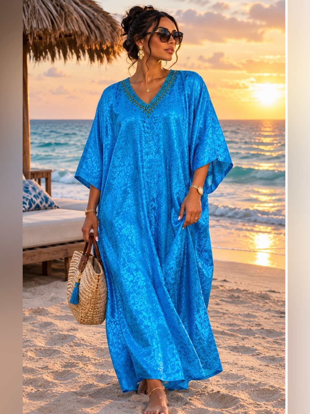 Sante Kaftan Muu Muu Maxi Blue satin Jacquard Beaded Dress One Size